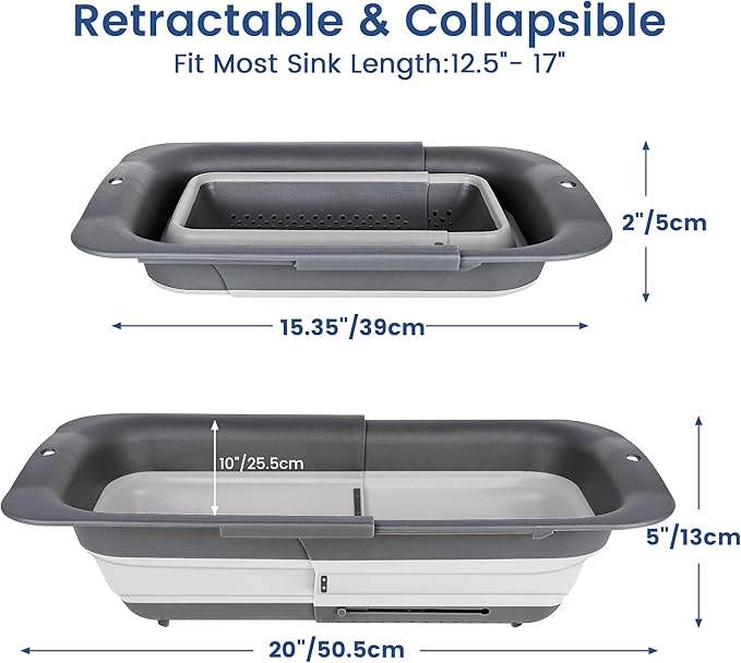 ROTTOGOON Collapsible Colander Strainer, Expandable Over the Sink Colander for Kitchen, Adjustable Silicone Sink Strainer, Foldable Large Colanders Basket to Wash Vegetable, Fruit, 15" to 19.8", Gray