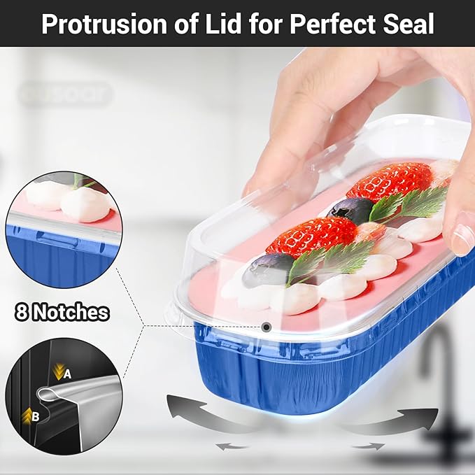 EUSOAR Dessert Cups with Lids, 100pcs 6.8oz Aluminum Foil Mini Loaf Cake Pan Tin with Lids, Disposable Baking Cups Ramekins Creme Brulee Hoder Containers for Birthday Wedding Party -Royal Blue
