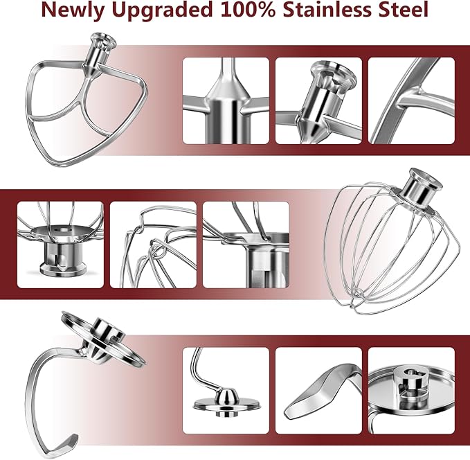 Stainless Steel Attachments 3 Pieces for KitchenAid 4.5-5QT Tilt-Head Stand Mixer and Mixing Bowl,K45WW Wire Whip, K45DH Dough Hook, K45B Flat Beater,Dishwasher Safe and Heavy Duty