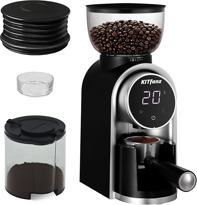 Electric Conical Burr Coffee Bean Grinder with 25 Precise Settings, Touchscreen Adjustable Electric Burr Mill with LED Screen & Anti-static Device, Organ-Style Powder Blower