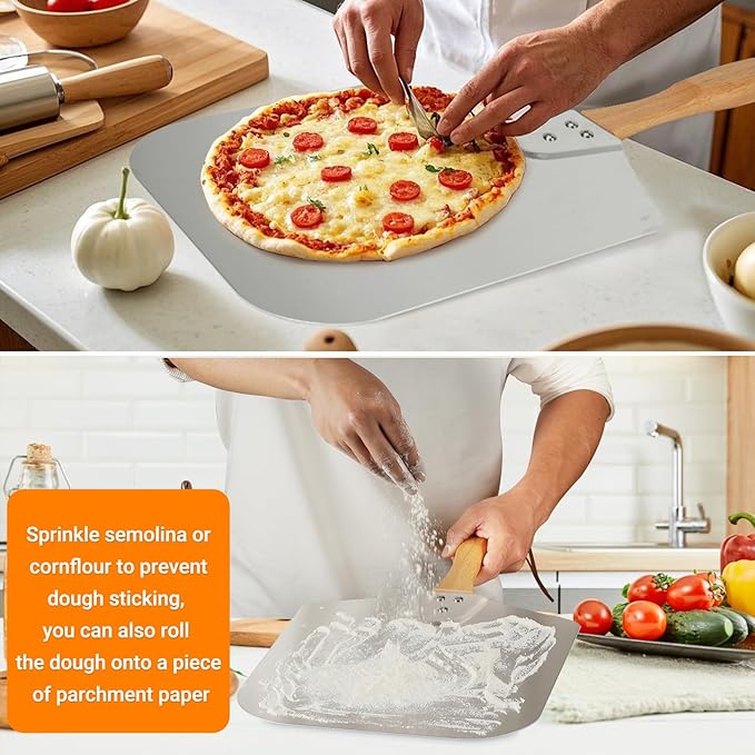 Skyflame Kitchen Supply Aluminum Pizza Peel with Wooden Handle 12 Inch x 14 Inch, Pizza Paddle for Baking Homemade Pizza Bread