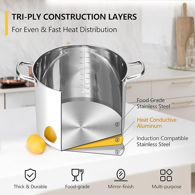 Homikit 20 Quart Soup Pot with Lid, Large Stainless Steel Stock Pot with Double Handles, Heavy Duty Cookware Induction Stockpot for Canning Steaming Simmering, Compatible All Cooktops, Dishwasher Safe