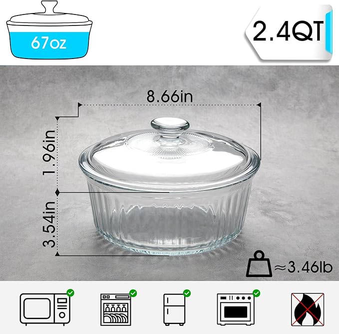NUTRIUPS 2.4QT Glass Casserole with Lid, Borosilicate Glass, Round, Oven-Safe Baking Dish