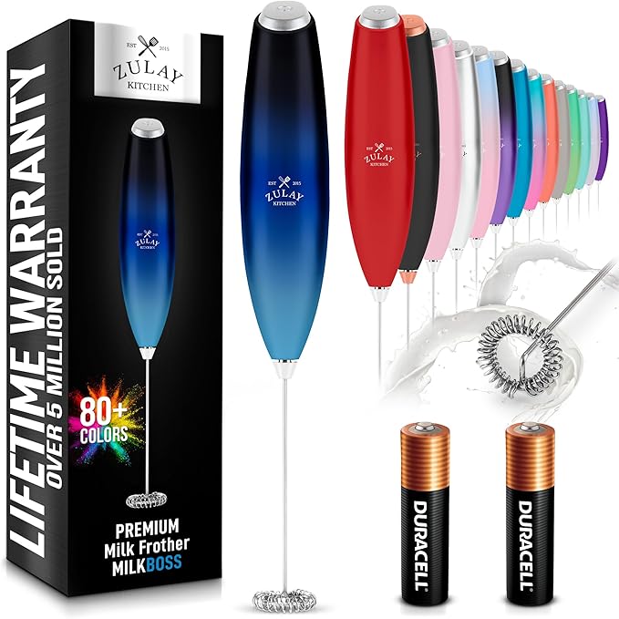 Zulay Kitchen Milk Frother Handheld Electric Whisk with AA Duracell Batteries – Durable Drink Mixer for Coffee, Lattes, Cappuccinos & More - Deep Sea