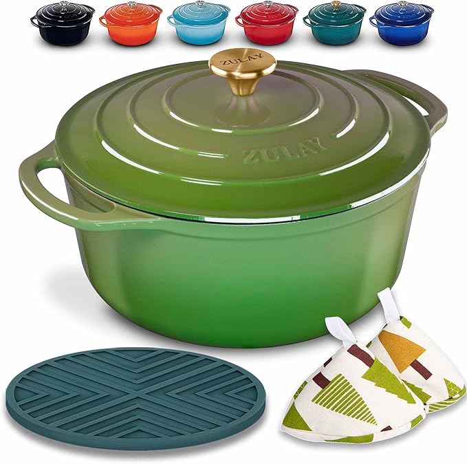 Zulay Kitchen 5 Quart Enameled Cast Iron Dutch Oven with Lid,Silicone Trivet & Heat Pad – Premium Durability & Oven Safe up to 500°F – Heavy Duty Cookware Perfect for Bread Baking, Stews, Braising & Roasting – Green