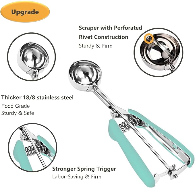 Cookie Scoop Set, 3Pcs Ice Cream Scoop, Cookie Scoops for Baking Set of 3, 18/8 Stainless Steel Cookie Scooper for Baking, Ice Cream Scooper with Trigger Release, Mint Soft Grip Cookie Dough Scoop