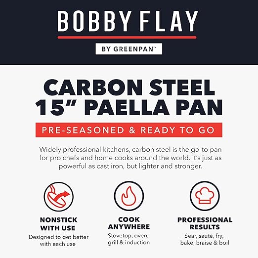 GreenPan x Bobby Flay 15” Carbon Steel Paella Pan, Pre-Seasoned, Nontoxic, PFAS-Free, Induction Compatible, Flat Bottom, Rice & Seafood Dishes, High Heat & Oven Safe Durable, Cast Iron Alternative