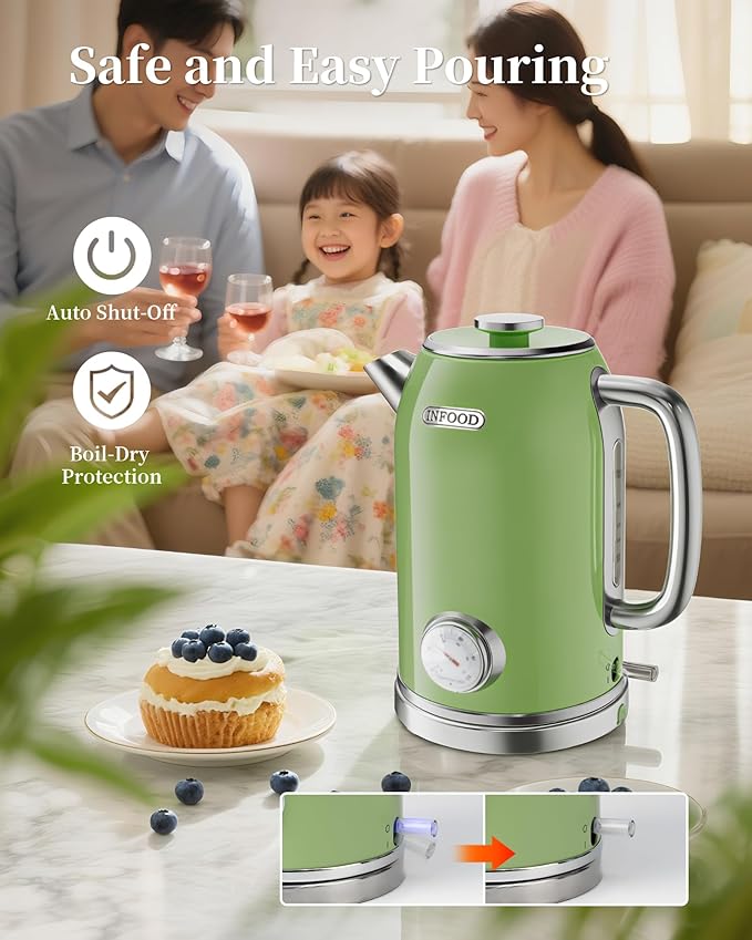 Retro Electric Kettle, 1.8L Hot Water Kettle Electric with Thermometer, 1200W Fast Heating Stainless Steel Tea Kettle for Boiling Water, Cordless, LED Indicator, Auto Shut-Off, Green