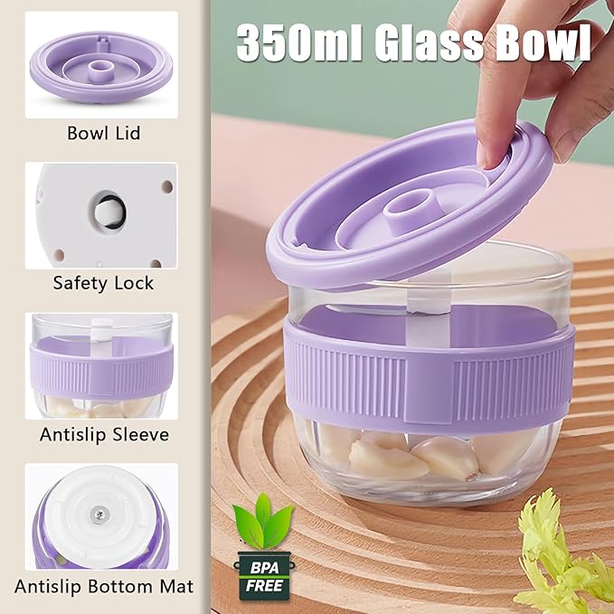 Cordless Food Processor, 350ml Glass Bowl Mini Garlic Chopper Wireless, Battery Operated Electric Food Chopper, Small USB-C Rechargeable Vegetable Meat Blender Grinder, Portable Kitchen Mixer (Purple)