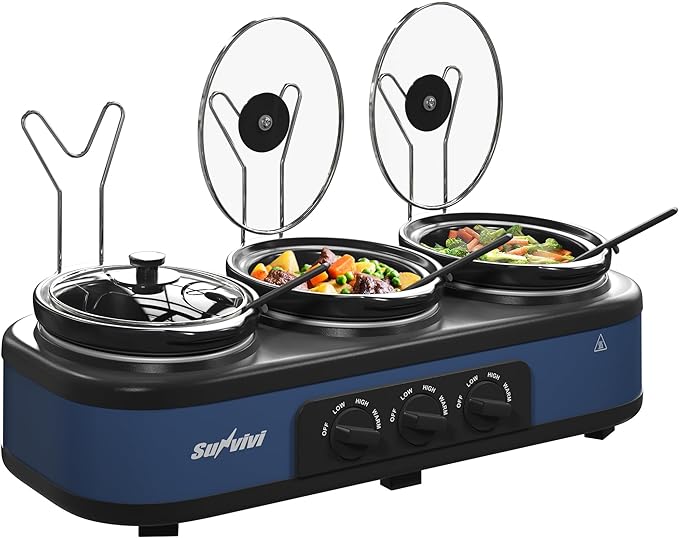 SUNVIVI Triple Slow Cooker, Buffet Food Warmer with 3 x 1.5 QT Removable Ceramic Pots, Buffet Servers and Warmers with Glass Lids and 3 Spoons, Stainless Steel, Blue