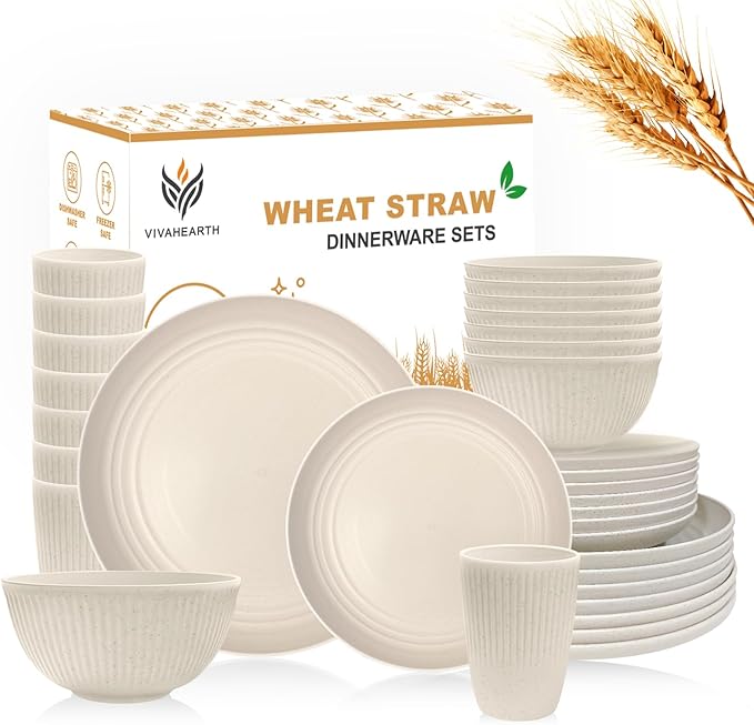 Wheat Straw Dishes Set for 8, Dinnerware Sets 32 piece, Unbreakable Plates, Bowls, Cups Sets for Kitchen Parties Camping RV - Beige