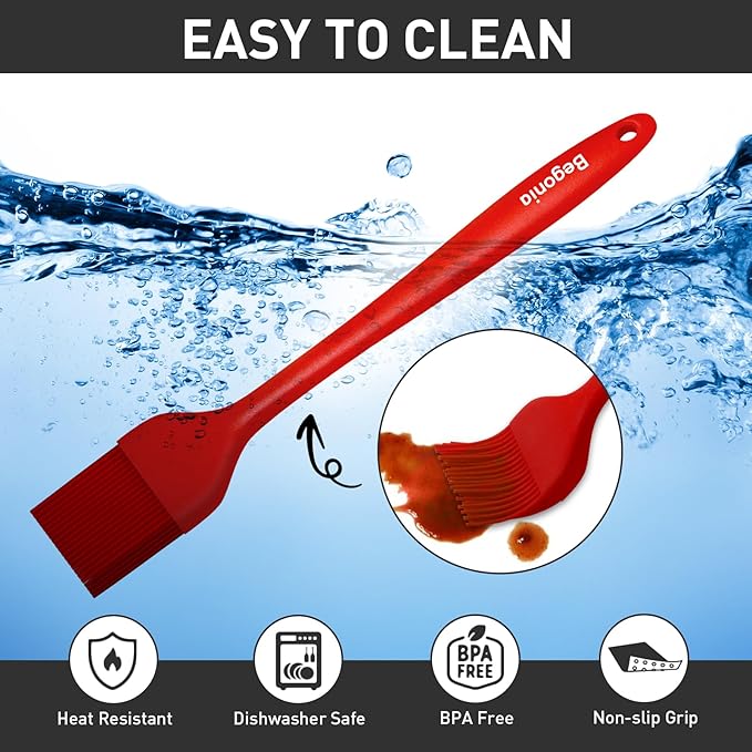 Begonia Silicone Basting Pastry Brush-2pcs Heat Resistant Cooking Brush for Oil, Sauce, Butter, BBQ, Grill and Marinade, BPA Free, Dishwasher Safe (Red)