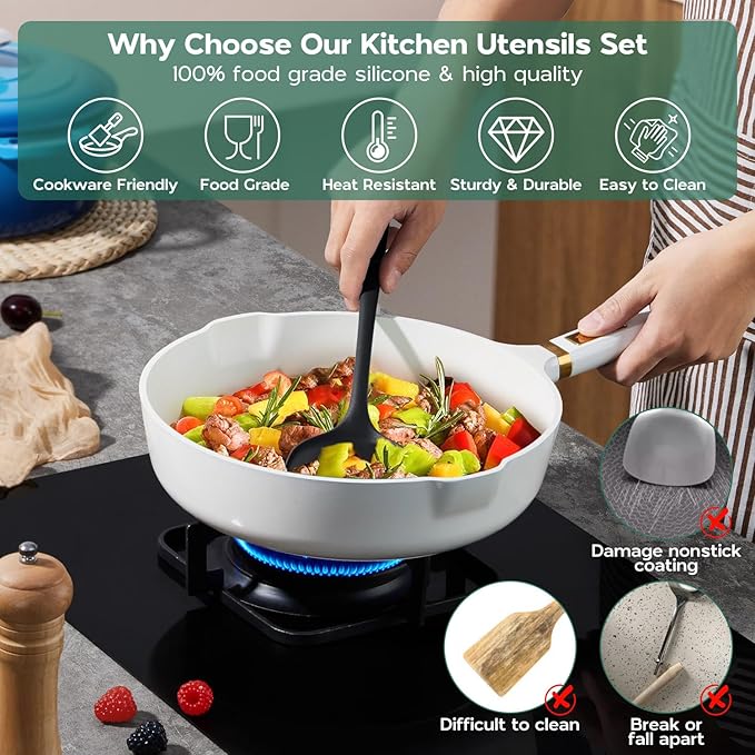 Cooking Utensils Set of 6, Onader Black Silicone Kitchen Cooking Utensils Set for Nonstick Cookware, Non Toxic & Dishwasher Safe