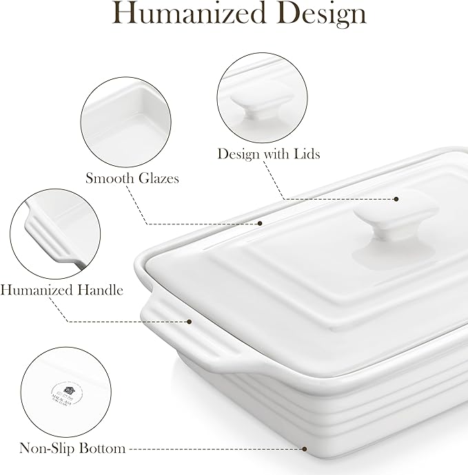 MALACASA 4.4 Quart Baking Dish With Lid, Porcelain Casserole dish with Lid, 13 x 9 Lasagna Pan Deep with Lid, Rectangular Bakeware With Handle, Microwave, Oven Safe, White, Series BAKE