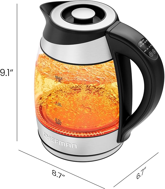 Chefman Electric Kettle with Temperature Control, 5 Presets LED Indicator Lights, Removable Tea Infuser, Glass Tea Kettle & Hot Water Boiler, 360° Swivel Base, BPA Free, Stainless Steel, 1.8 Liters