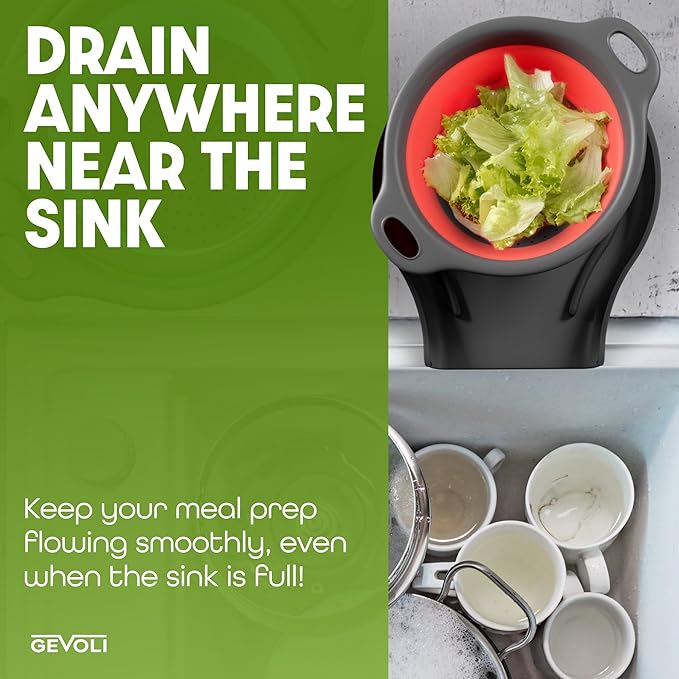 Collapsible Colanders with Self-Draining Base for Edge of Sink, Food Strainers (Small/Med/Large), Nested Design for Easy Storage (Red, Blue, Green) (4PC Set)