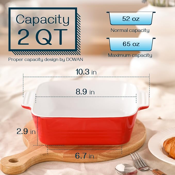 DOWAN 8x8 Baking dish, Square Baking Pan, Ceramic Casserole Dishes for Oven, Cake Pan with Handle, for Brownie, Lasagna, Casserole, 2 Quart, Home Gift, Wedding Gift, Red