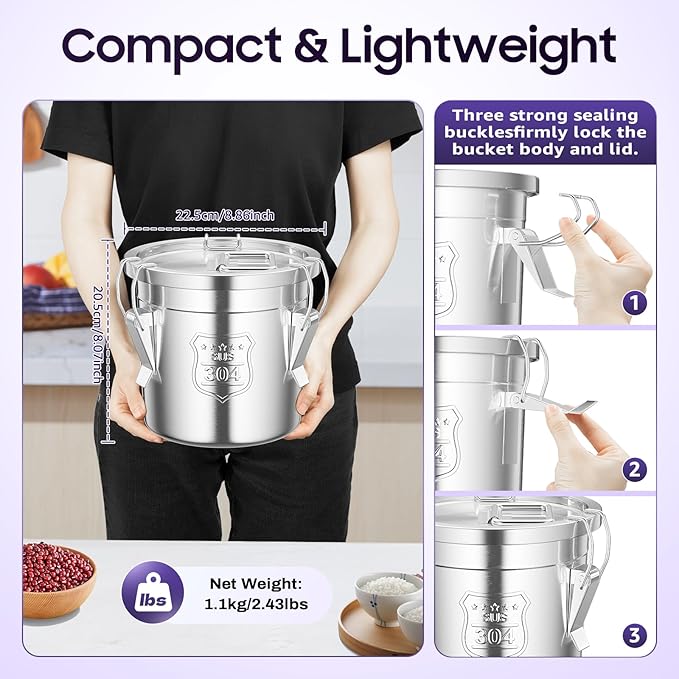 DYNAMI 304 Stainless Steel Containers With Lid,202oz Airtight Flour Container for Kitchen,5-10lbs Metal Airtight Canisters Milk Jug Coffee Bean Cookies Canisters w/Locking Clamp (6L/1.6Gal)