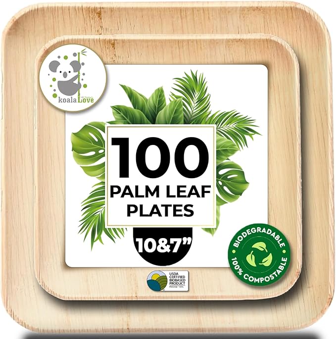 Palm Leaf Plate Bamboo Paper Plates Disposable 10 Inch & 7 Inch Bulk Party Pack Eco Compostable Biodegradable Wooden Plate Best Alternative To Plastic Paper Plates (10&7 100)