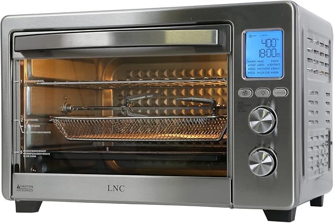 LNC Air Fryer Oven, 34QT Extra Large 1750W Toaster Air Fryer Combo, 12” Pizza Convection Oven Countertop, 12-in-1 with 4 Accessories, Stainless Steel, Silver