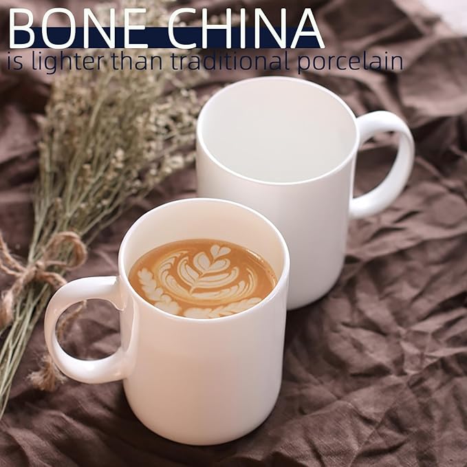 14 oz White Coffee Mugs Set of 2, Fine Bone China Lightweight Porcelain Coffee Cups With Handles for Hot Milk Cappuccino Mocha Cocoa Latte Espresso Coffee, Dishwasher & Microware Safe