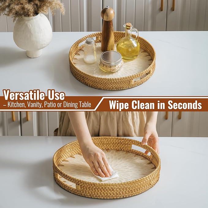 13.8 in Round Rattan Serving Tray with Handle, Mother of Pearl Inlay Wooden Base, Decorative Wicker for Table, Kitchen Island & Home Decor (White Leaf)