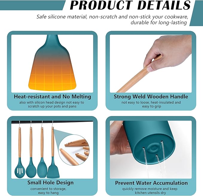 HaWare Kitchen Cooking Utensils Set, 23-Piece Silicone Kitchen Utensils Spatula Set with Holder, Heat Resistant Wooden Handle Kitchen Gadget for Nonstick Cookware, Food-grade Turner Spoon Sets (Blue)