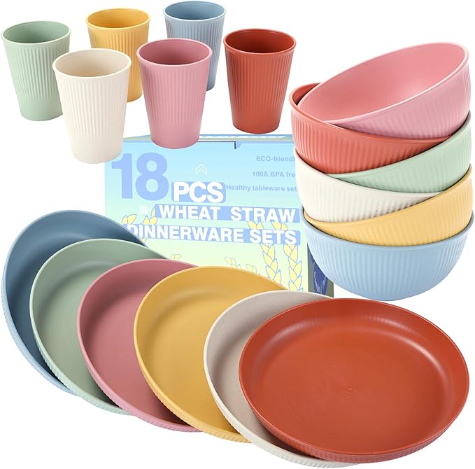 18PCS Wheat Straw Dinnerware Sets Unbreakable Reusable Dinnerware Set for 6, Microwave Dishwasher Safe Dinnerware Dinner Outdoor Camping Dishes