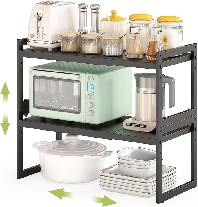 DOLALIKE Expandable kitchen Countertop Organizer, Stackable Cabinet Shelf Organizers, Space Saving Spice Rack Pantry Storage for Bathroom Office Organization (Black, 2 Pack)