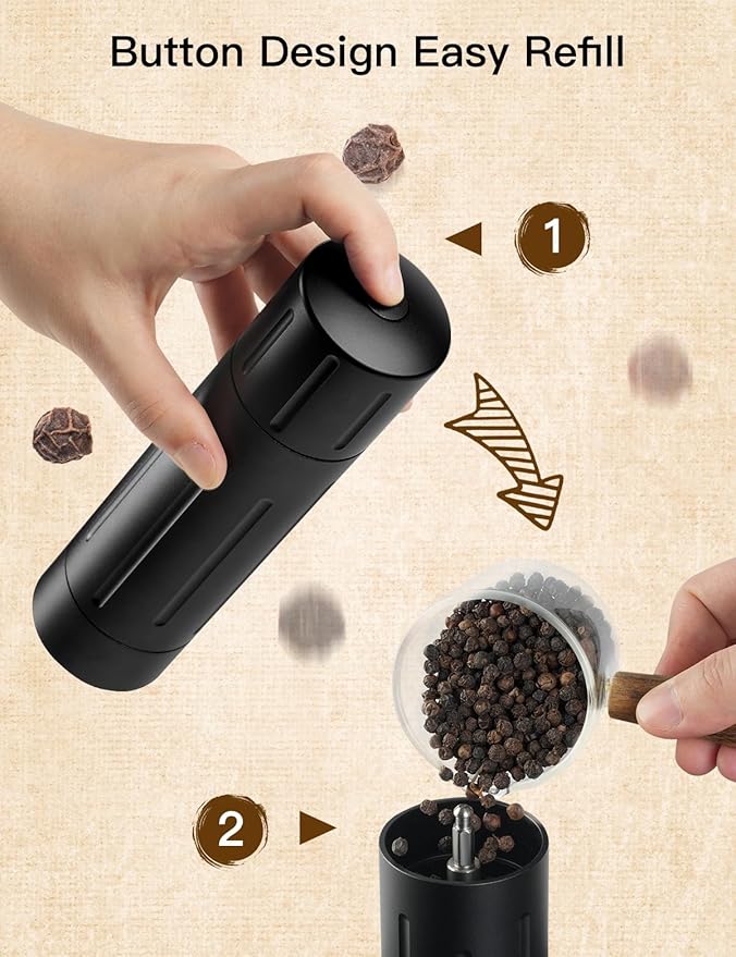 Pepper Grinder Mill, Professional Grade Aluminum Manual Pepper Mill, Refillable High Output Heavy Duty Pepper Grinder with Adjustable Coarseness, Stainless Steel Blade, Lock Button Design