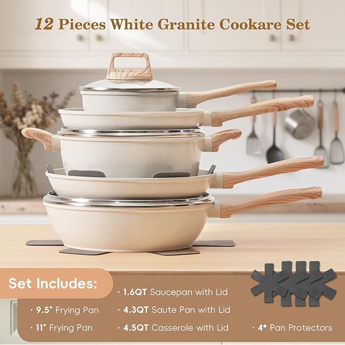 12 Pcs Pots and Pans Set Non Stick, Cookware Sets White Granite Induction Cookware, Non-toxic Healthy Nonstick Kitchen Cooking Set with Frying Pans Set, Saucepans (PFAS/PFOA/PFOS Free)