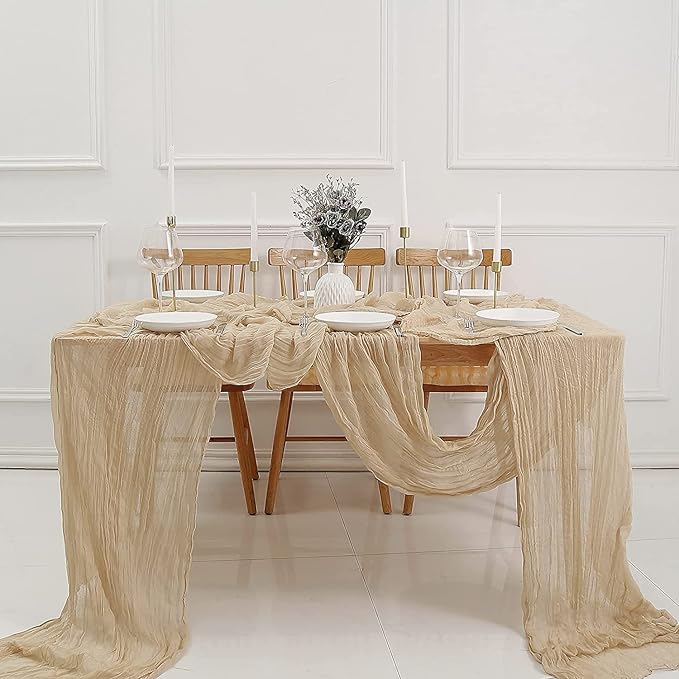 12 Pack Beige Cheesecloth Table Runner 10ft Boho Gauze Cheese Cloth Table Runner Rustic Sheer Runner 120 inch Long for Christmas Wedding Bridal Baby Shower Birthday Table Decorations
