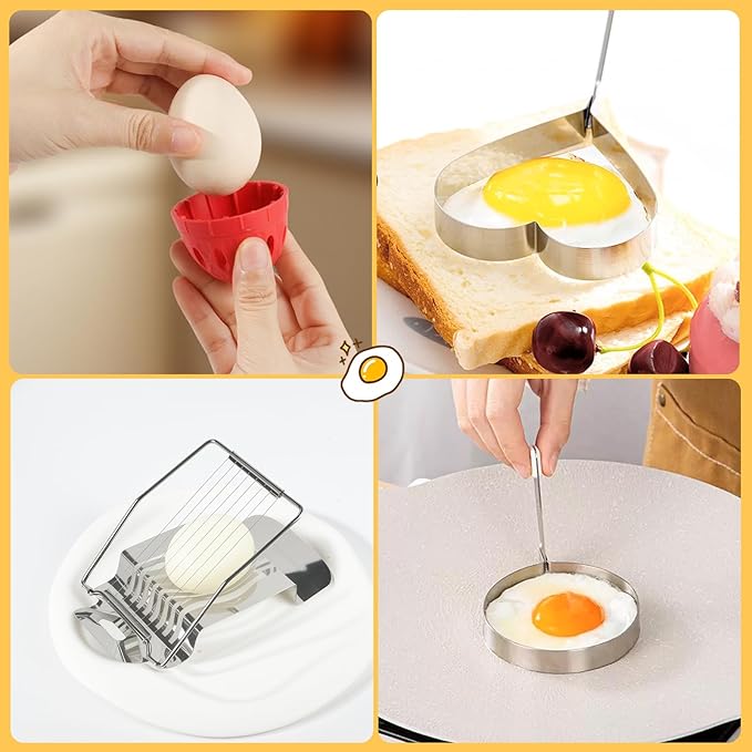 10-in-1 Egg Tool Set:1 Chalaza Remover Tongs,2 Piercers,2 Fry Rings,2 Brush Cleaners,1 Shell Opener,1 Egg Separator,1 Egg Slicer -All Essential Egg Prep Gadgets for Perfect Cooking