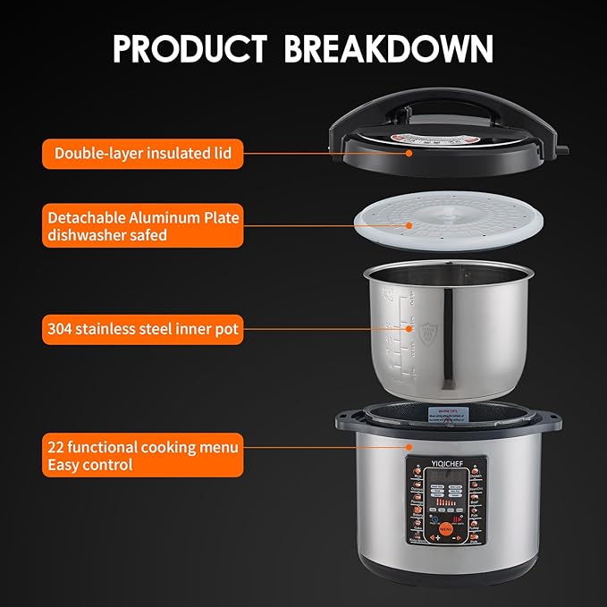 12L/12.8Qt Commercial Electric Pressure Cooker, Digital Control, 304 Stainless steel Inner Pot, Serve for 15-25 people, 1600W/120V with US PLUG, suitable to small restaurant, Canteen, Hotel