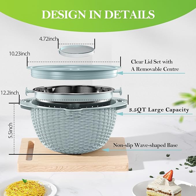 4-1 Colander with Bowl Set - Strainers for Kitchen, Food Strainers and Colanders, Pasta Strainer, Rice Strainer, Fruit Cleaner, Veggie Wash, Aesthetic Cooking Present Kitchen Essentials - Blue
