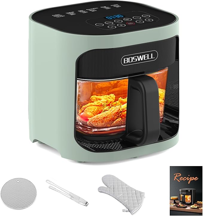 BOSWELL 6 in 1 Glass Air Fryer, 4.5QT Air Fryer with Transparent Glass Pot,Circulating Air Heating, Bake, Broil, Air Fry, Temperature Control, Dishwasher Safe (Green)