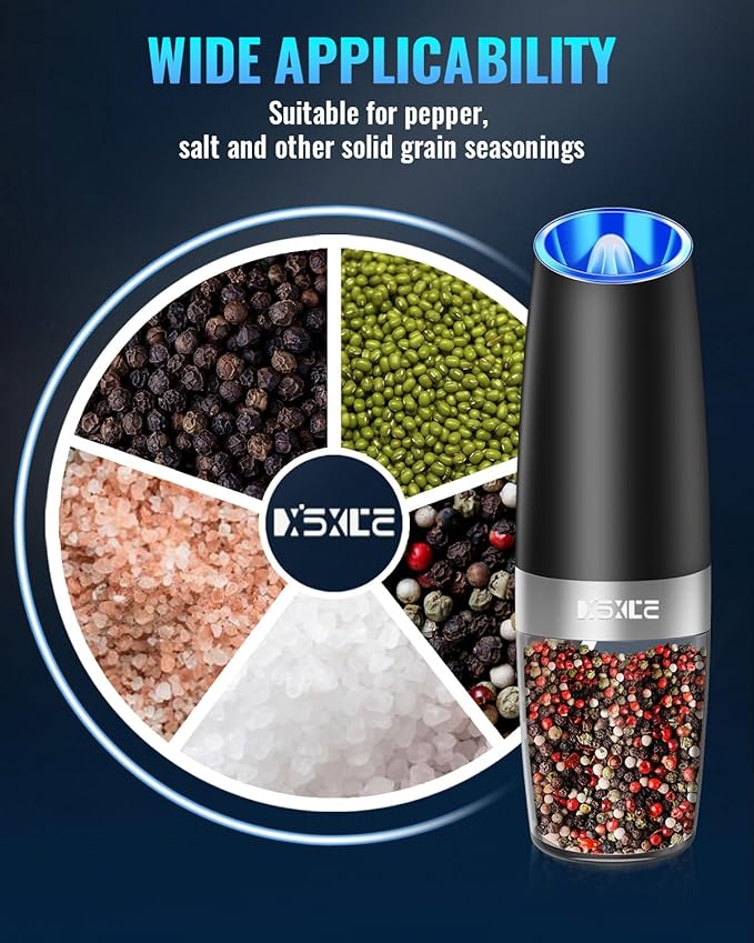 Gravity Electric Pepper and Salt Grinder Set, Adjustable Coarseness, Battery Powered with LED Light, One Hand Automatic Operation, 2 Pack -Black