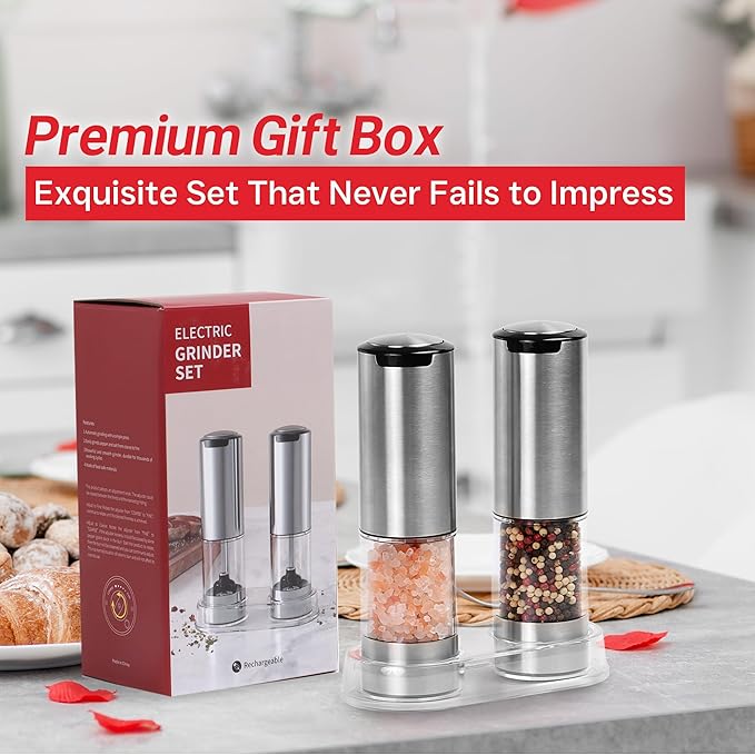 Electric Salt and Pepper Grinder Set – Automatic One-Handed Operation, Rechargeable Stainless Steel Mills, LED Light, 5-Level Adjustable Coarseness, Large 95ml Capacity and Clear Base