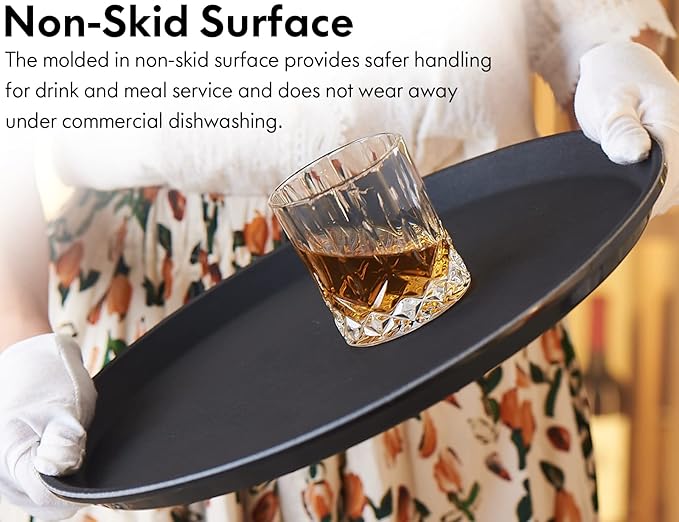 CURTA 2-Pack Restaurant Grade Non-Slip Tray, NSF, 14 Inch, Plastic Rubber Lined Round Serving Tray, Black