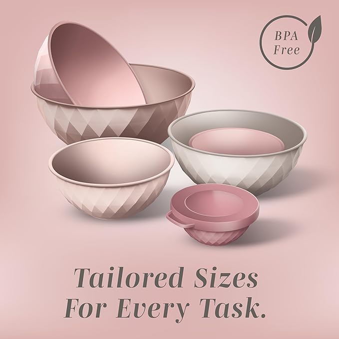 COOK WITH COLOR Mixing Bowls with Lids - 12 Piece Plastic Nesting Bowls Set includes 6 Prep Bowls and 6 Lids, Diamond Design - Microwave Safe (Mint)