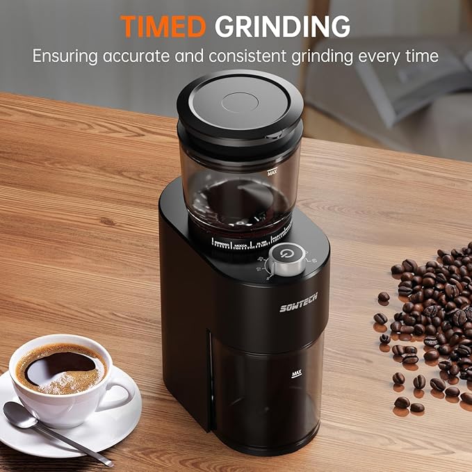 Anti-static Conical Burr Coffee Grinder, Adjustable Electric Mill, 38 Precise Grind Settings, Precision Timer, for Espresso, Drip and French Press, Black
