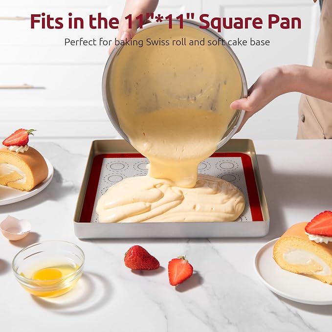 446ºF Heat Resistant Macaron Mat: U-Taste 11x11in Non Stick Silicone Baking Mat, Reusable Cookies Pastry Sheet Liner with Edge Enhancement & Circle Measurement for Square Cake Pan (2 PCS, Red)