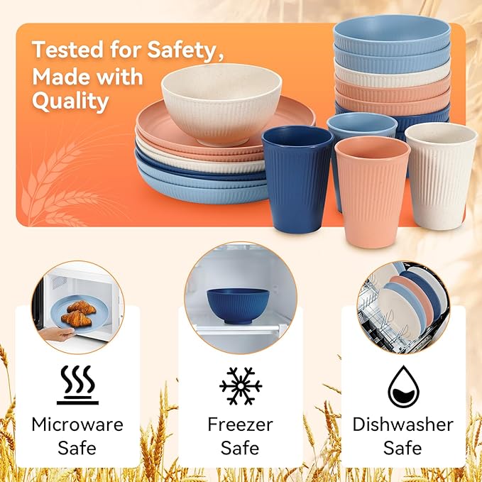 Wheat Straw Dinnerware Sets,42-Piece Plates and Bowls Sets for 6-Unbreakable,Reusable Plastic Dish Set-Dinner Plate/Cereal Bowl/Cup/Utensils-Microwavable Dishwasher Safe 42P-Gray