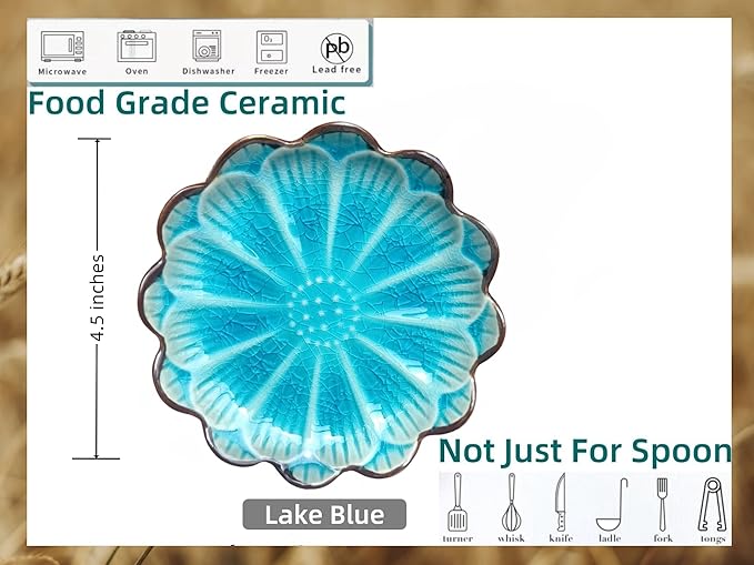 Ceramic Spoon Rest for Stove Top, Flower Cute Spoon Rest for Kitchen Counter, Cooking Spoon Holder for Kitchen Counter, Utensil Rest Spatula Rest Ladle Holder Tong Rest, 1 PC (Ice Cracks, Lake Blue)