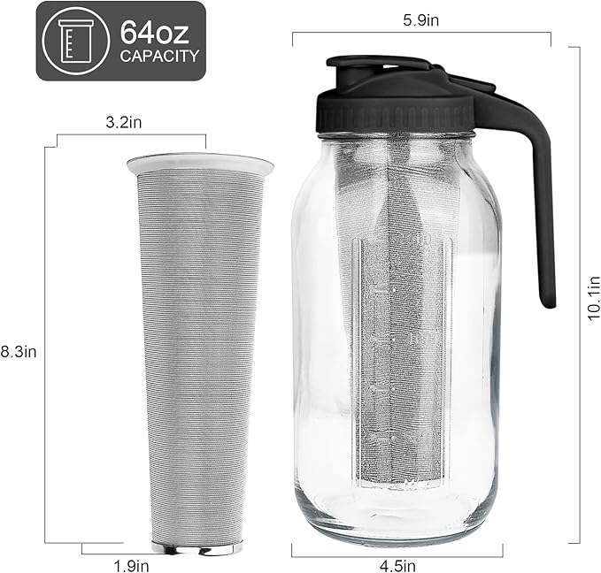 Cold Brew Coffee Maker,64 oz Mason Jar Pitcher with Stainless Steel Filter, Pour Spout Handle Lid, Heavy Duty Glass Airtight & Leak-Proof Pitcher for iced coffee Tea Lemonade