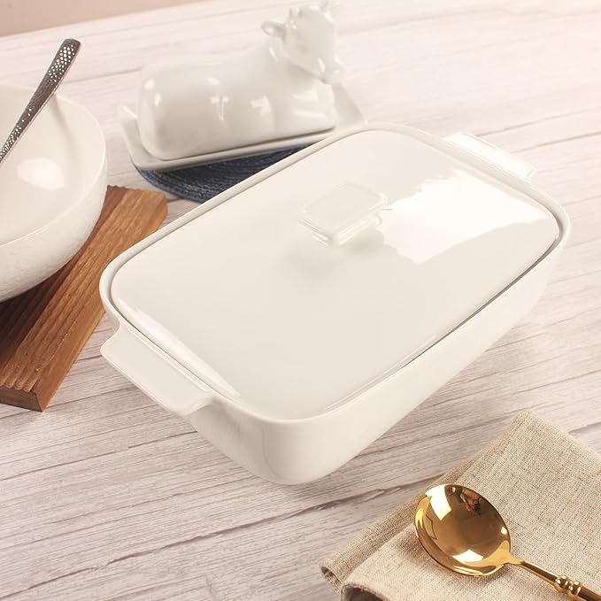 10" x 7" Casserole Dish 1.7 Quart Ceramic Bakeware Set with Lids, Chip and Crack Resistant Ceramic Casserole Dish with Handle 11.6 In, Microwave, Dishwasher, Oven, Freezer and Fridge Safe