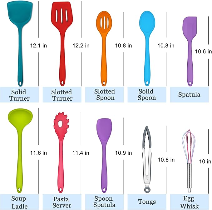 E-far 10 Pcs Silicone Cooking Utensils Set, Heat Resistant Kitchen Utensil Set for Nonstick Cookware, Kitchen Cooking Tools with Spatula, Spoon, Slotted Turner, Non-Toxic & Dishwasher Safe (Colorful)