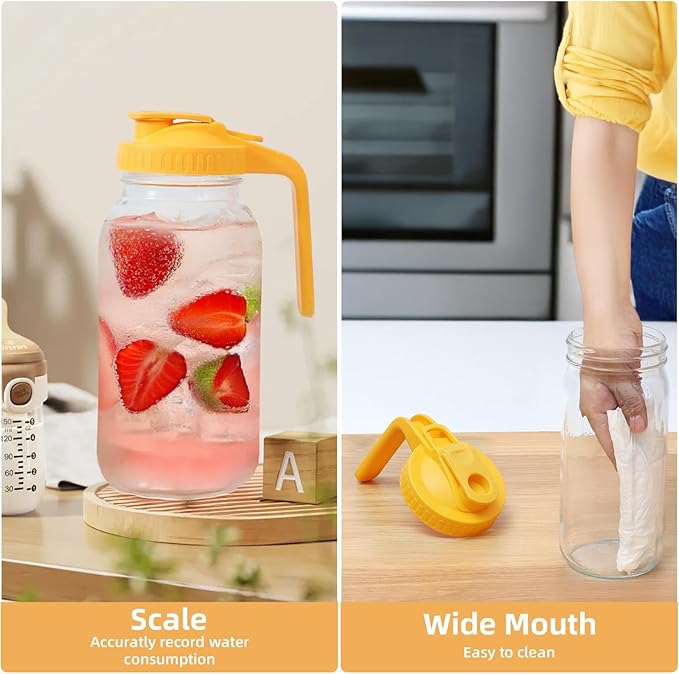 2 Pack Glass Mason Jar Pitcher - 64 oz/2 Quart Wide Mouth Jug with Lid and Pour Spout, Airtight Seal, Leak Proof Iced Tea Pitcher for Sun Tea, Juice, Breast Milk, Cold Beverages, Coffe