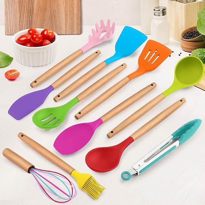 Kitchen Utensils Set of 12, E-far Silicone Cooking Utensils with Holder, Non-stick Cookware Friendly & Heat Resistant, Includes Spatula Tong Whisk Ladle Brush Slotted Turner Spoon(Multi-colored)