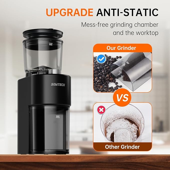 Anti-static Conical Burr Coffee Grinder, Adjustable Electric Mill, 38 Precise Grind Settings, Precision Timer, for Espresso, Drip and French Press, Black